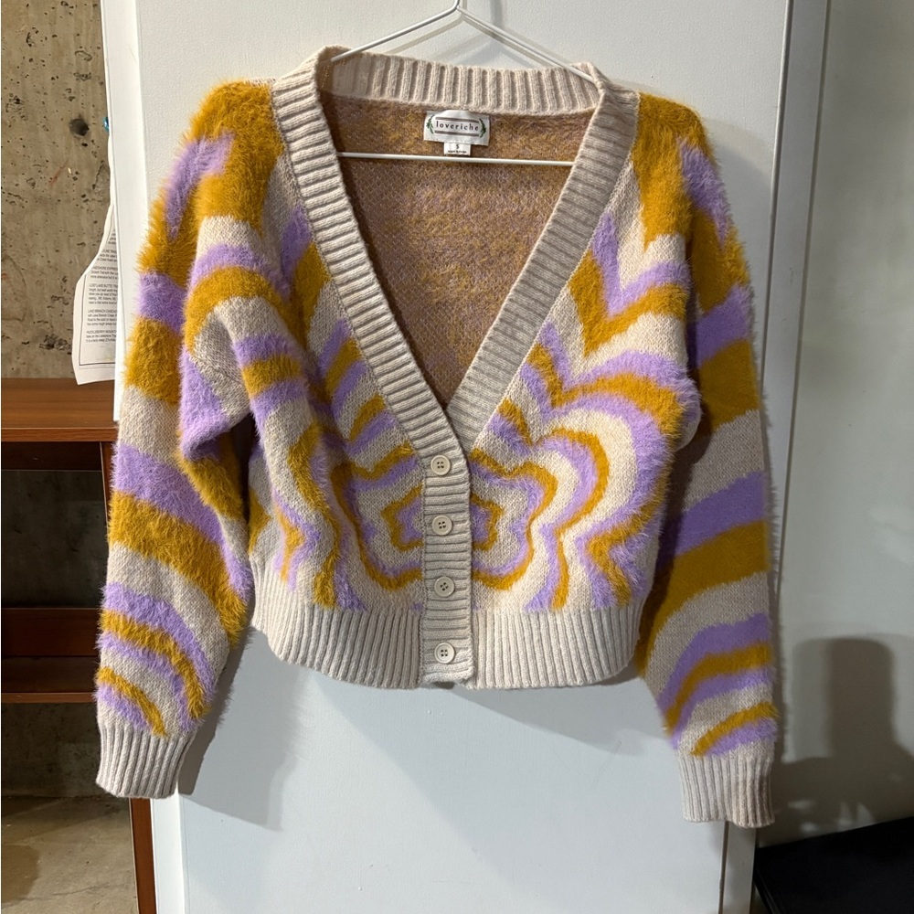 Love Riche Cream and Purple Cropped Cardigan Sweater